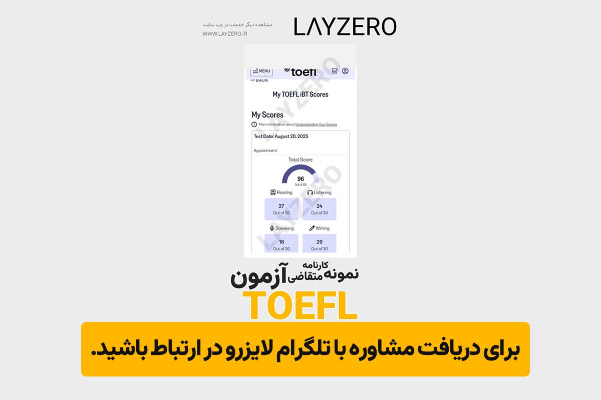 در این تصویر نمونه‌ای از مدرک اخذشده برای یکی از متقاضیان لایزرو را مشاهده می‌کنید. ما این توانایی را داریم که مدرک موردنظر شما را با نمره دلخواه، به‌صورت کاملاً تضمینی برایتان فراهم کنیم.